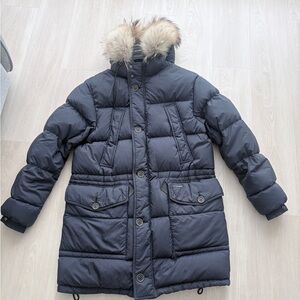 Burberry Men’s Long Navy Puffer Coat with Raccoon Fur Hood Size Large